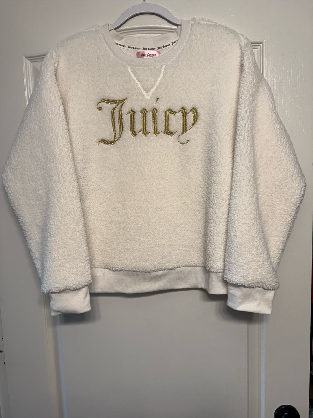 Juicy Couture Sherpa Sweatshirt Large White Gold Logo Fleece Pullover Cozy